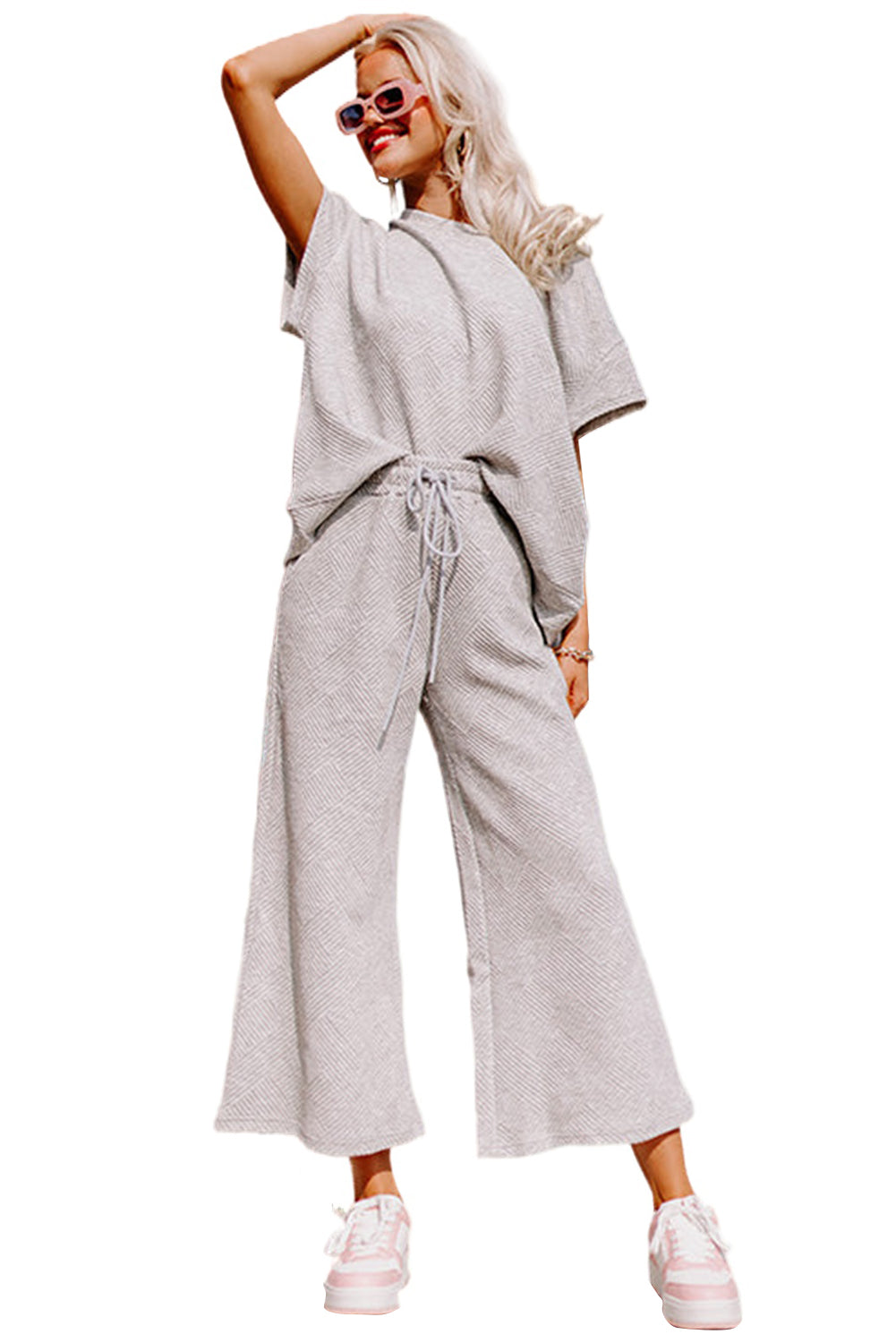 Gray Textured Loose Fit T Shirt and Drawstring Pants Set Bottoms JT's Designer Fashion