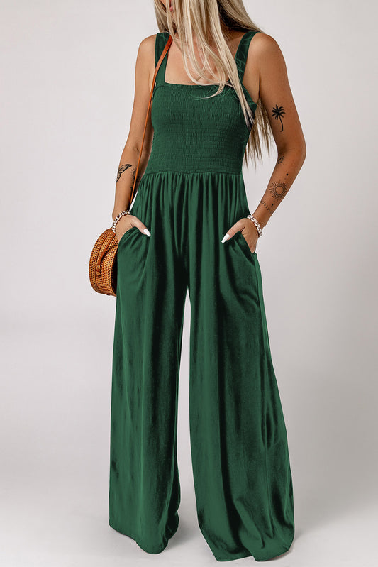 Green Smocked Sleeveless Wide Leg Jumpsuit with Pockets Green 100%Polyester Jumpsuits & Rompers JT's Designer Fashion