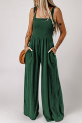 Green Smocked Sleeveless Wide Leg Jumpsuit with Pockets Green 100%Polyester Jumpsuits & Rompers JT's Designer Fashion