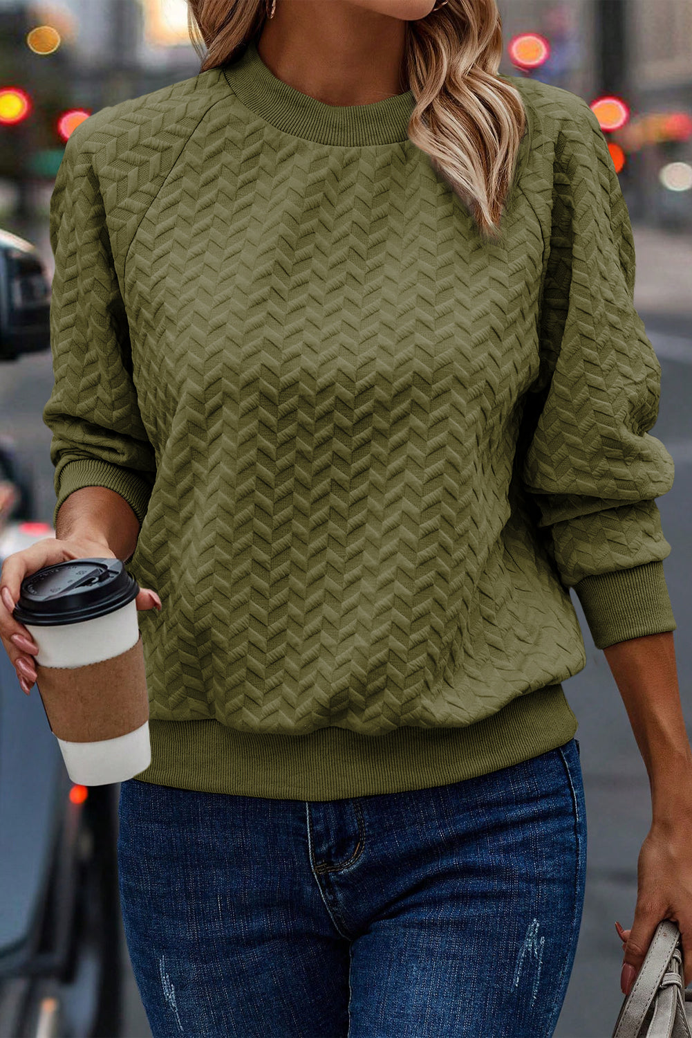Pickle Green Solid Textured Raglan Sleeve Pullover Sweatshirt Sweatshirts & Hoodies JT's Designer Fashion
