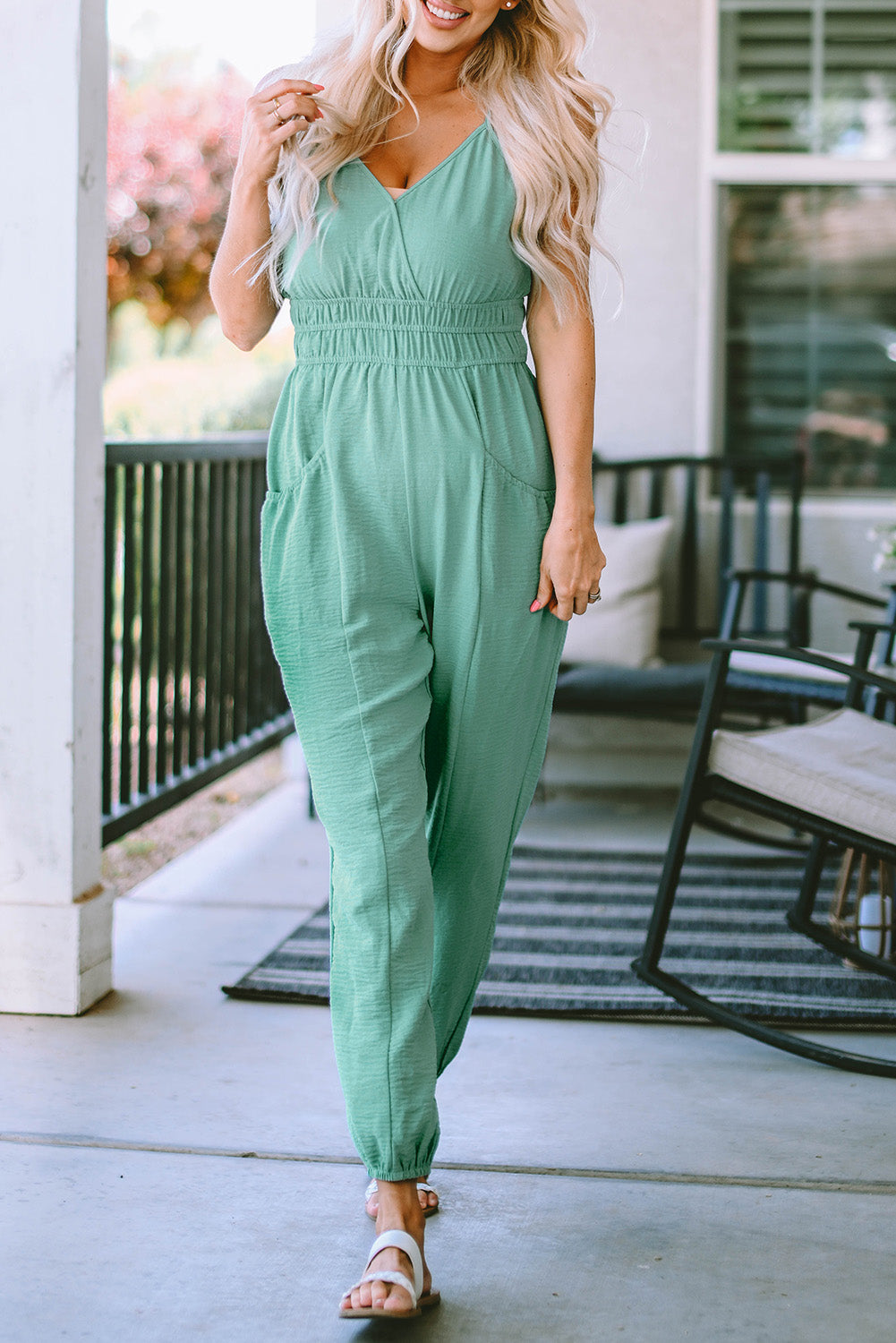 Green Shirred High Waist Sleeveless V Neck Jumpsuit Jumpsuits & Rompers JT's Designer Fashion