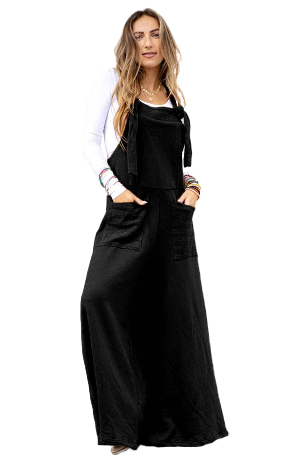 Black Knotted Straps Patch Pocket Wide Leg Jumpsuit Bottoms JT's Designer Fashion