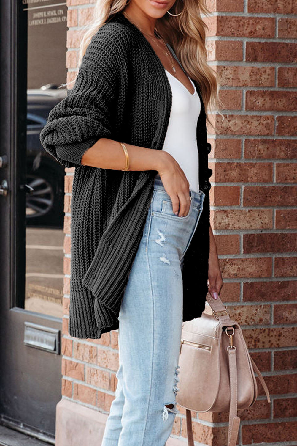 Black Buttoned Front Drop Shoulder Knitted Cardigan Sweaters & Cardigans JT's Designer Fashion
