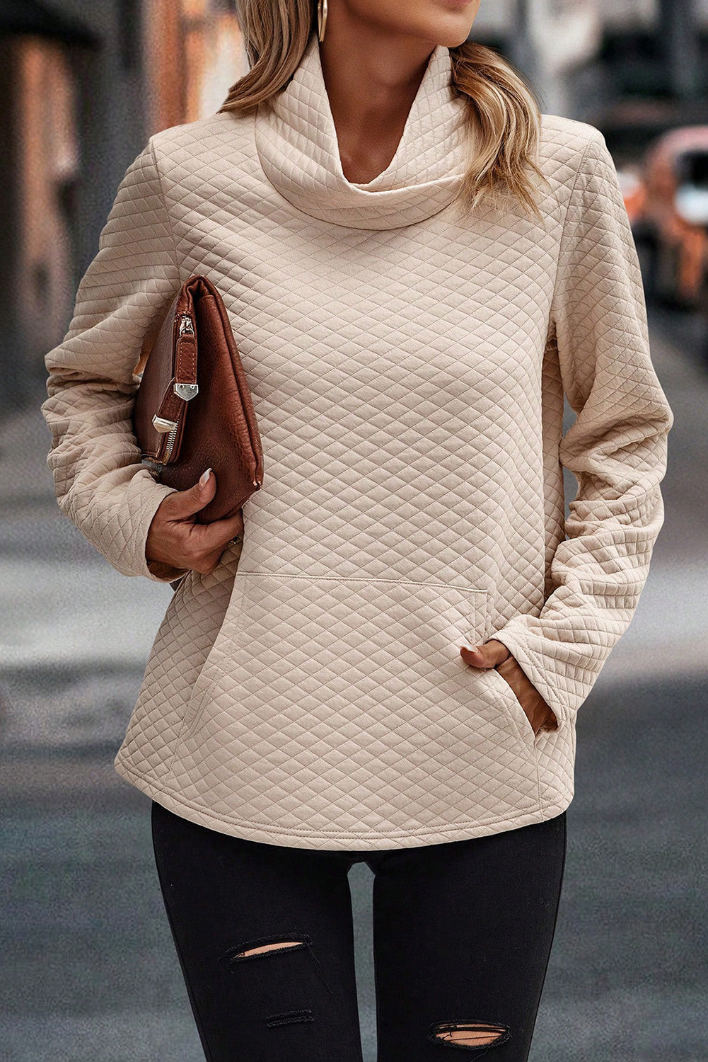 Apricot Quilted Draped High Neck Kangaroo Pocket Top Sweatshirts & Hoodies JT's Designer Fashion