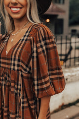 Brown Plaid Pattern Frilled Shoulder Empire Waist Babydoll Dress Dresses JT's Designer Fashion