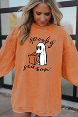 Orange Spooky Season Ghost Print Ribbed Pullover Sweatshirt Graphic Sweatshirts JT's Designer Fashion