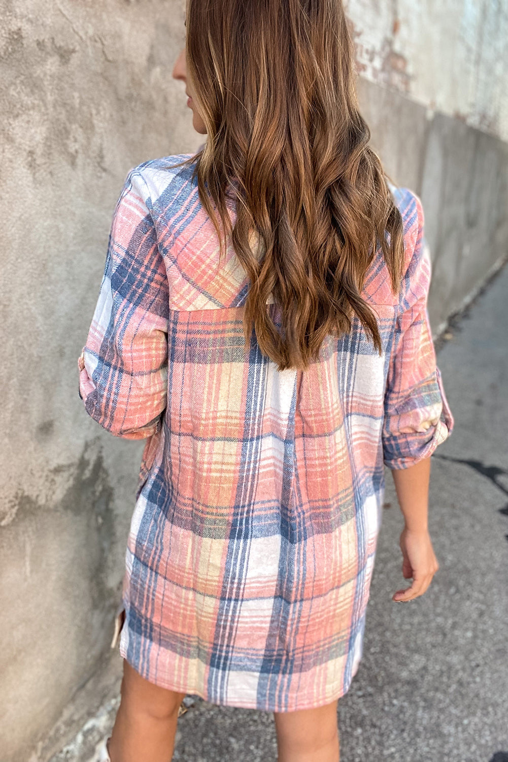 Pink Plaid Roll-tab Sleeve Side Slit Shirt Dress Dresses JT's Designer Fashion