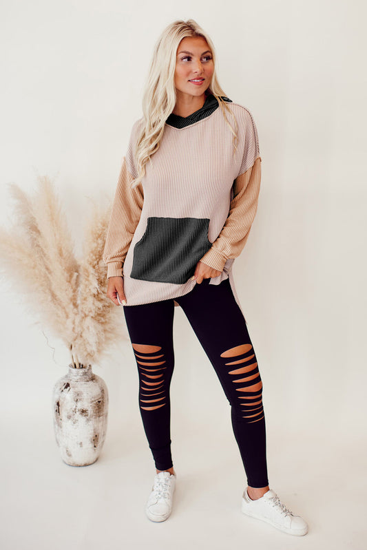Smoke Gray Color Block Kangaroo Pocket High Low Hoodie Sweatshirts & Hoodies JT's Designer Fashion