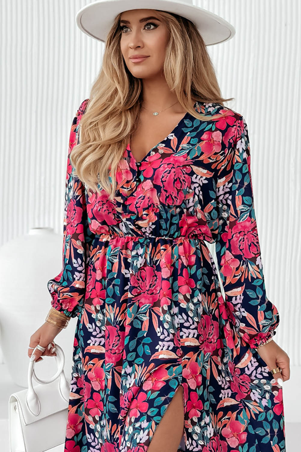 Red V Neck Elastic High Waist Split Floral Dress Dresses JT's Designer Fashion