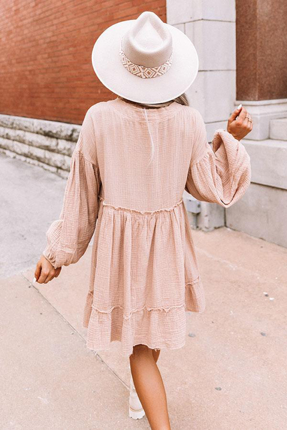 Oatmeal Crinkle Distressed Puff Sleeve Flared Dress Dresses JT's Designer Fashion