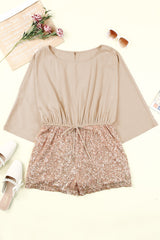 Khaki Sequin Patchwork Drawstring High Waist Romper Jumpsuits & Rompers JT's Designer Fashion
