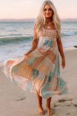 Multicolor Boho Patchwork Print Square Neck Sundress Maxi Dresses JT's Designer Fashion