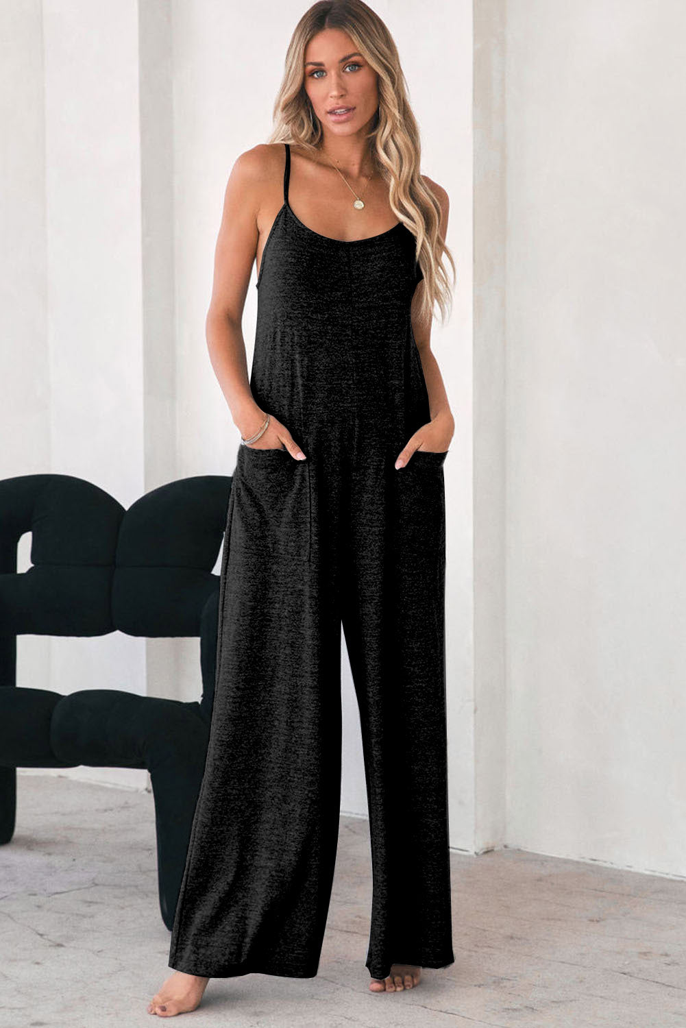 Black Loose Fit Side Pockets Spaghetti Strap Wide Leg Jumpsuit Jumpsuits & Rompers JT's Designer Fashion
