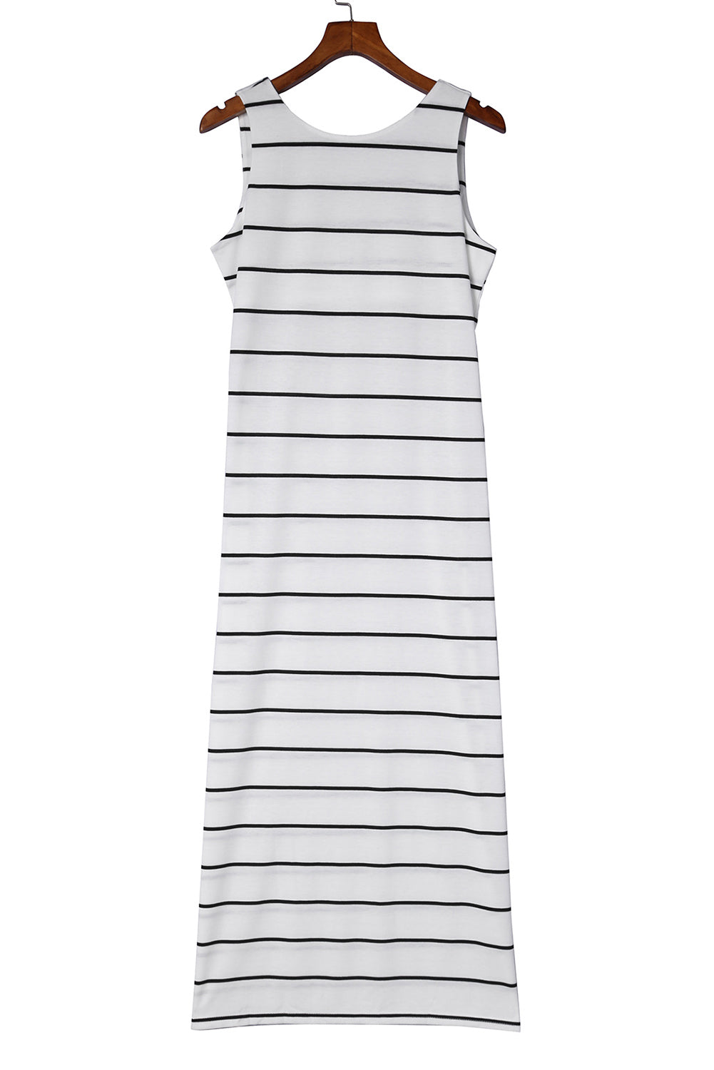 White Stripe Print Open Back Sleeveless Long Dress with Slits Maxi Dresses JT's Designer Fashion