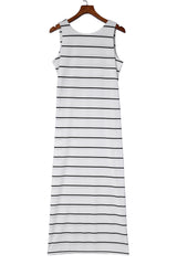 White Stripe Print Open Back Sleeveless Long Dress with Slits Maxi Dresses JT's Designer Fashion