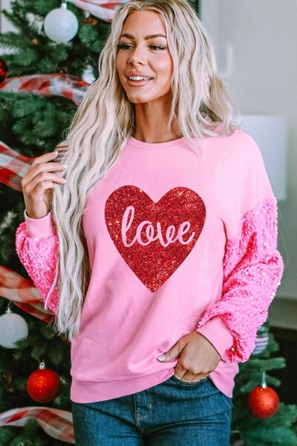 LOVE Heart Sequin Dropped Shoulder Sweatshirt Carnation Pink Graphic Sweatshirts JT's Designer Fashion
