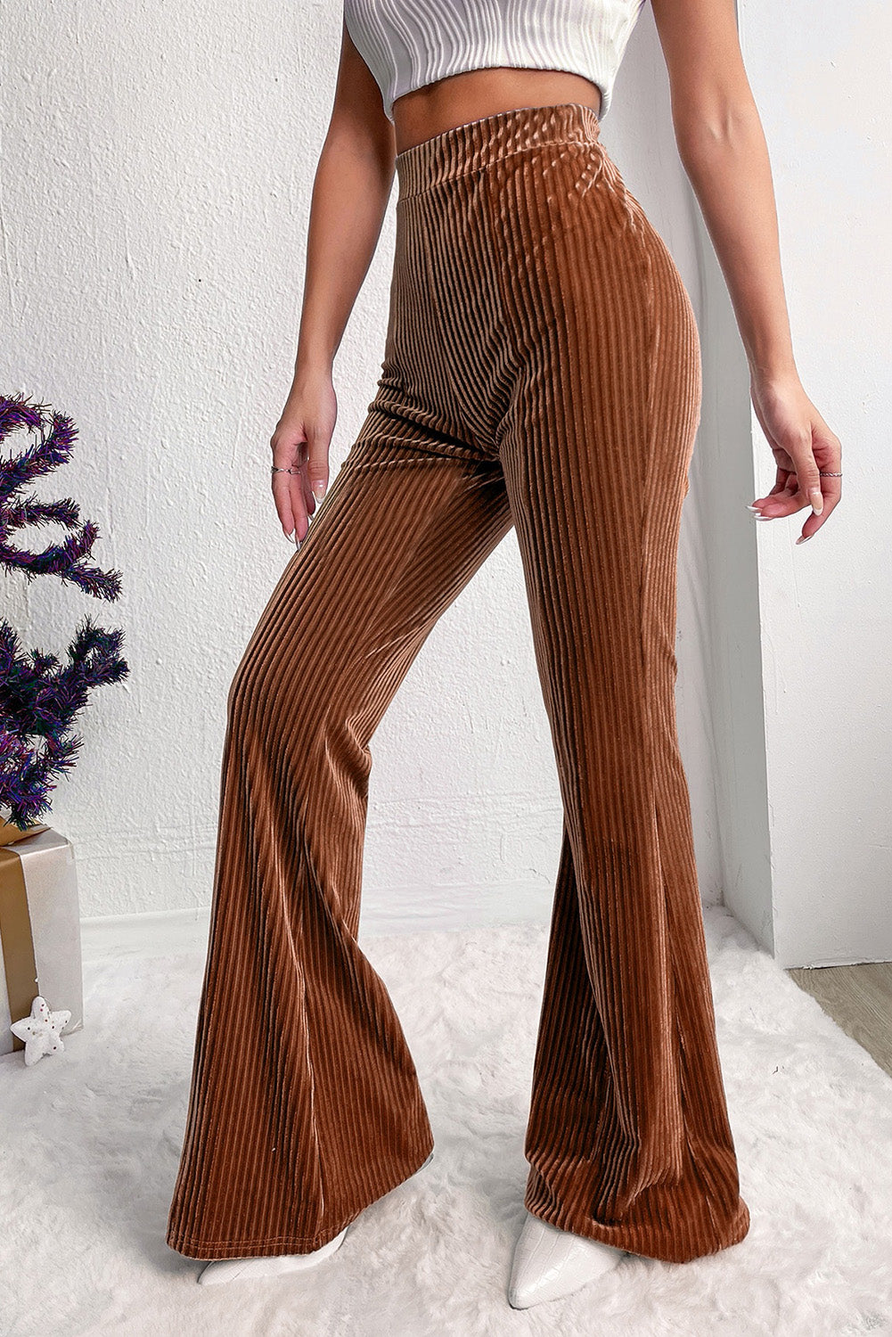 Chestnut Solid Color High Waist Corduroy Flare Pants Bottoms JT's Designer Fashion