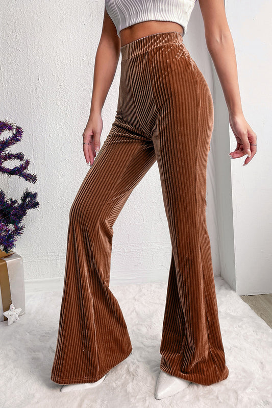 Chestnut Solid Color High Waist Corduroy Flare Pants Bottoms JT's Designer Fashion