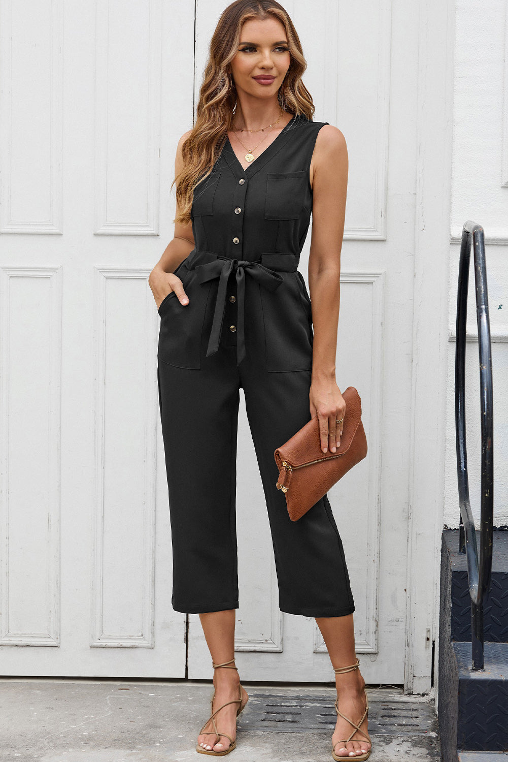 Black Buttoned Sleeveless Cropped Jumpsuit with Sash Jumpsuits & Rompers JT's Designer Fashion