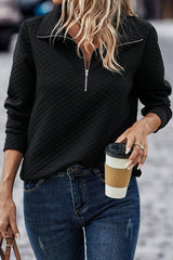 Black Solid Half Zipper Quilted Pullover Sweatshirt Sweatshirts & Hoodies JT's Designer Fashion