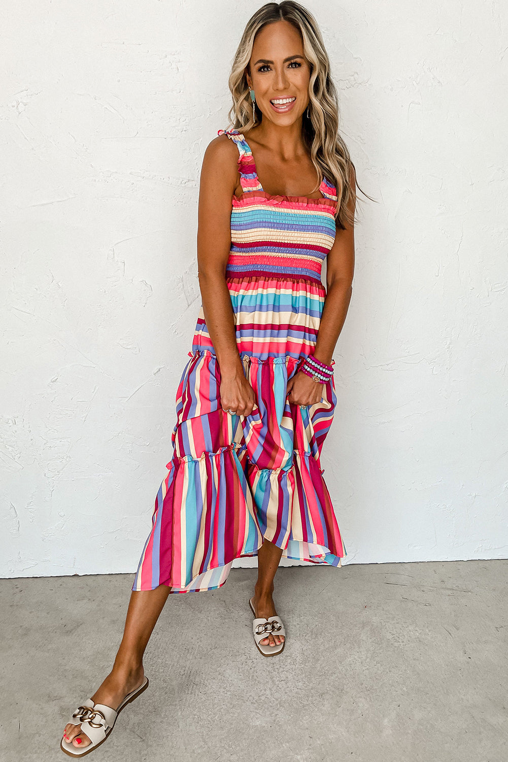 Red Stripe Ruffle Straps Smocked Tiered Long Dress Dresses JT's Designer Fashion