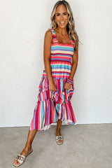Red Stripe Ruffle Straps Smocked Tiered Long Dress Dresses JT's Designer Fashion