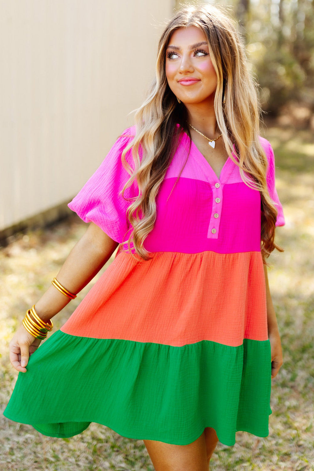 Multicolor Color Block Tiered Puff Sleeve Dress Mini Dresses JT's Designer Fashion