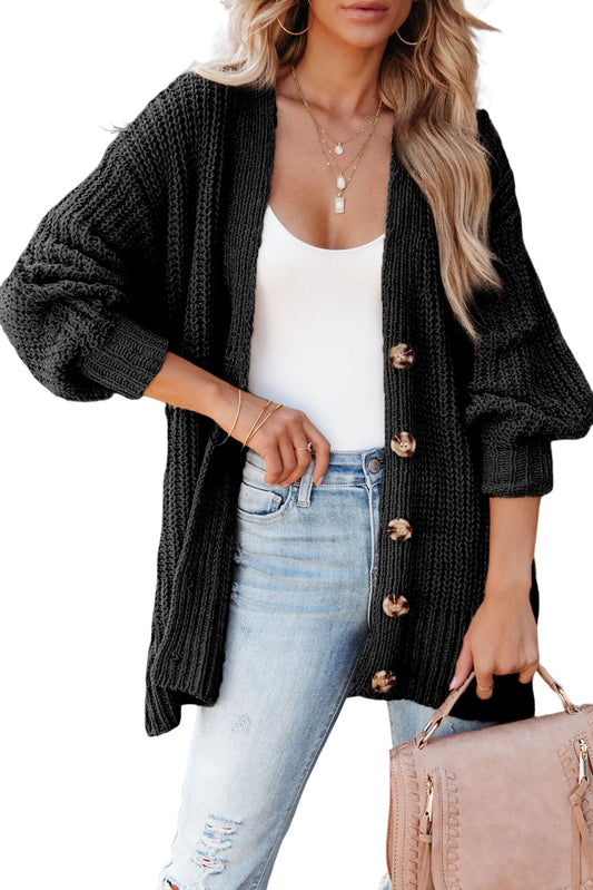 Black Buttoned Front Drop Shoulder Knitted Cardigan Sweaters & Cardigans JT's Designer Fashion