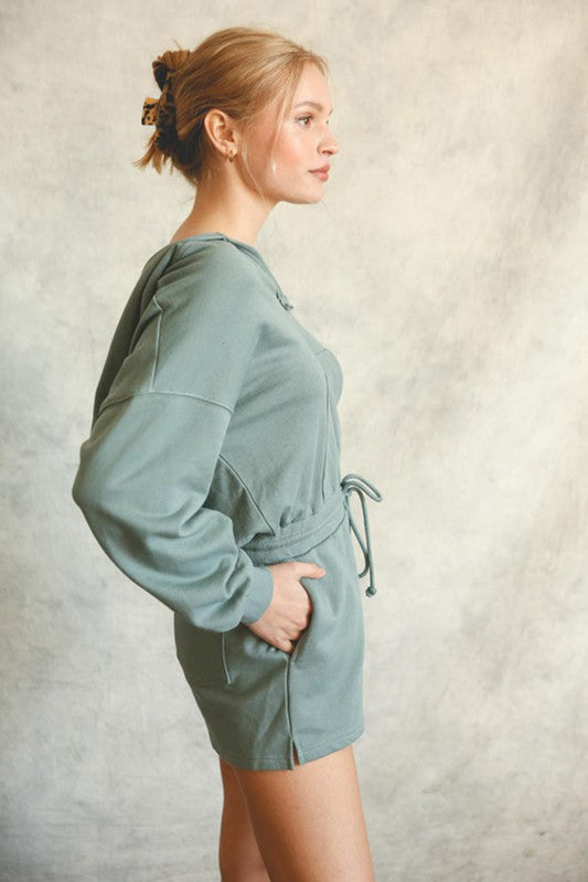 Blue Solid Hooded Sweatsuit Style Romper Bottoms JT's Designer Fashion