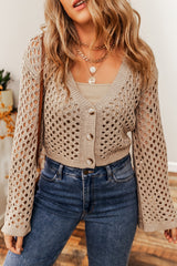 Smoke Gray Pointelle Knit V Neck Button Up Crop Cardigan Sweaters & Cardigans JT's Designer Fashion