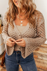 Smoke Gray Pointelle Knit V Neck Button Up Crop Cardigan Sweaters & Cardigans JT's Designer Fashion