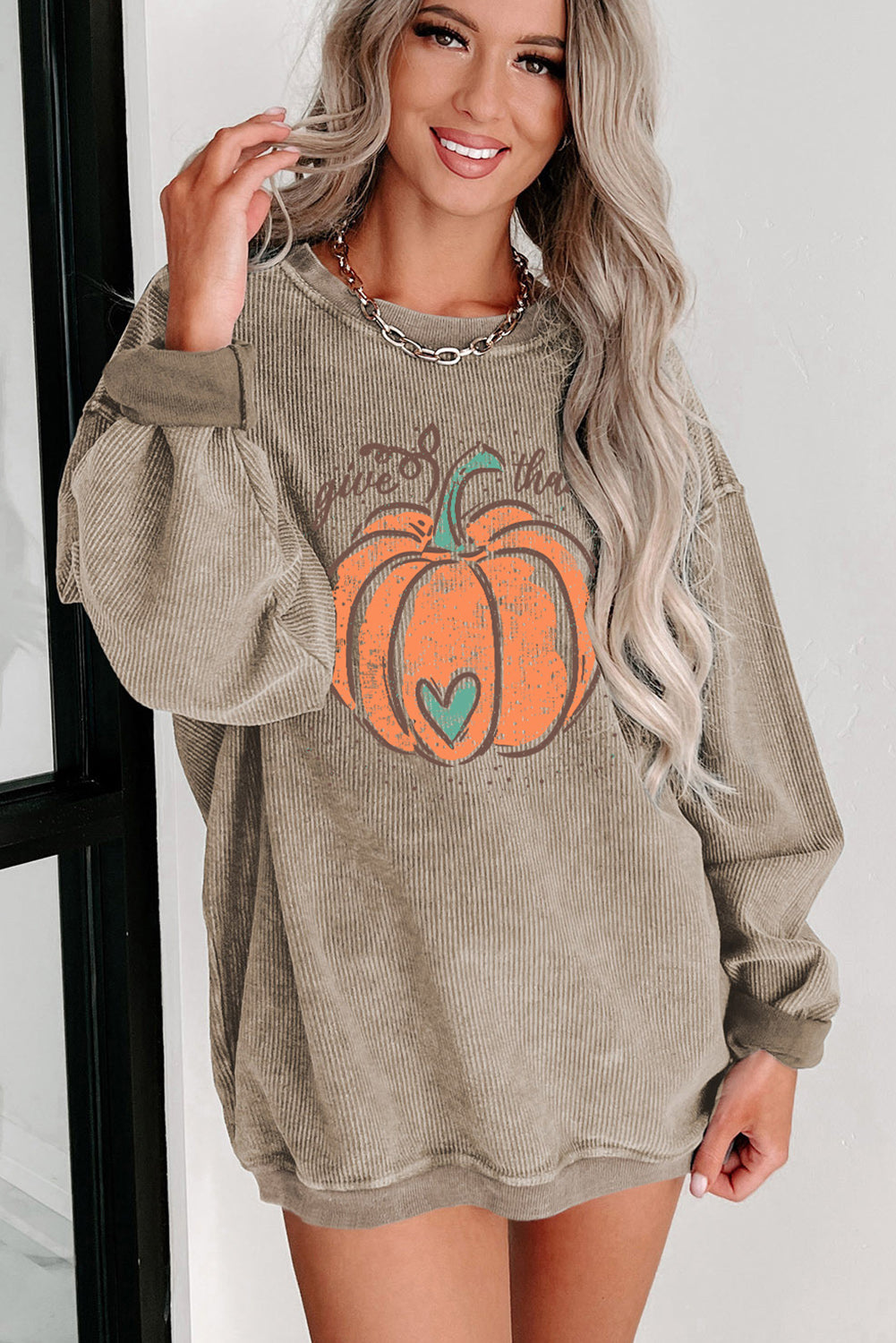 Khaki Give Thanks Pumpkin Graphic Corded Sweatshirt Graphic Sweatshirts JT's Designer Fashion