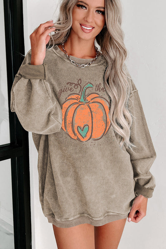 Khaki Give Thanks Pumpkin Graphic Corded Sweatshirt Graphic Sweatshirts JT's Designer Fashion