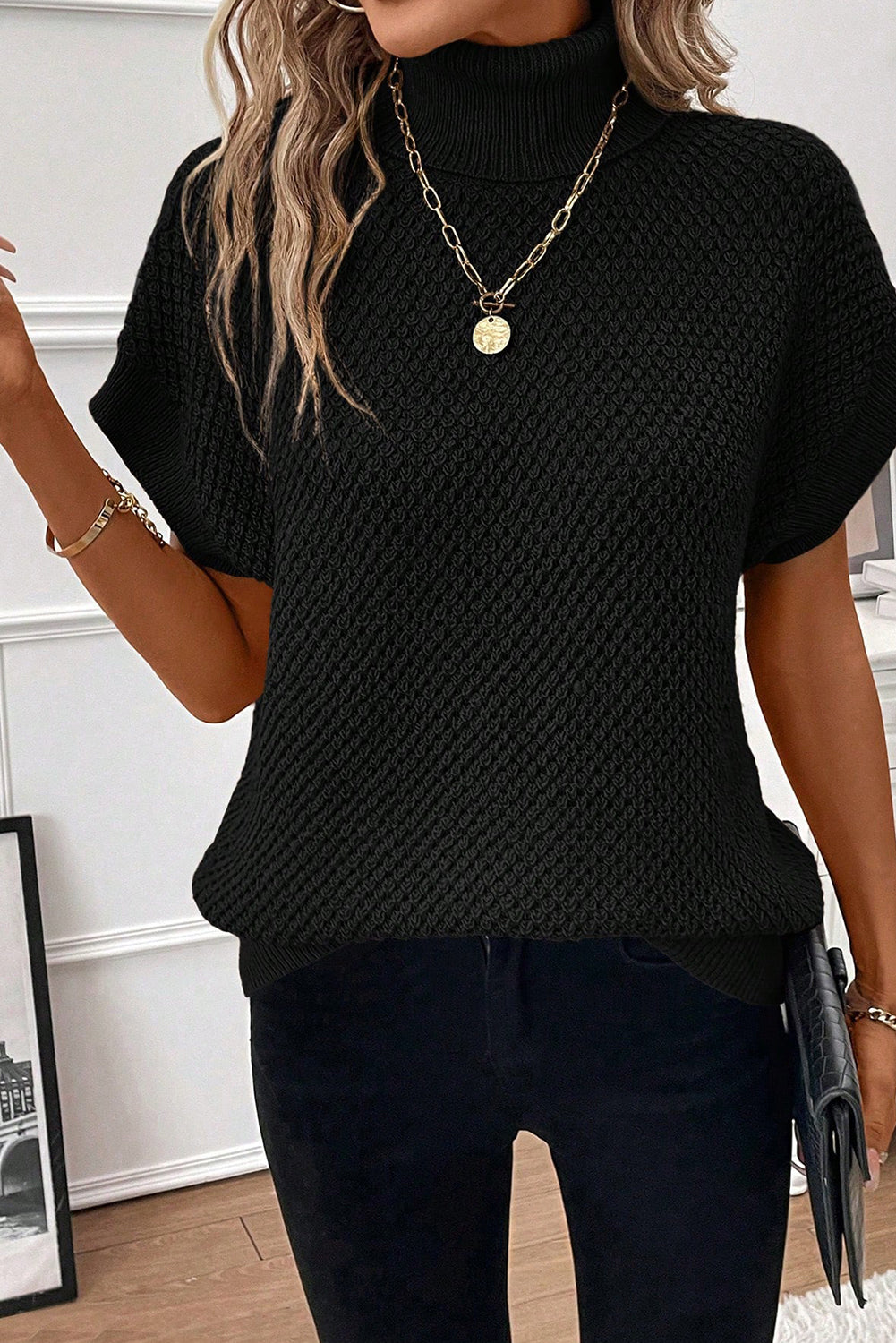 Black Ribbed Turtleneck Textured Short Sleeve Sweater Sweaters & Cardigans JT's Designer Fashion