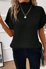 Black Ribbed Turtleneck Textured Short Sleeve Sweater Sweaters & Cardigans JT's Designer Fashion