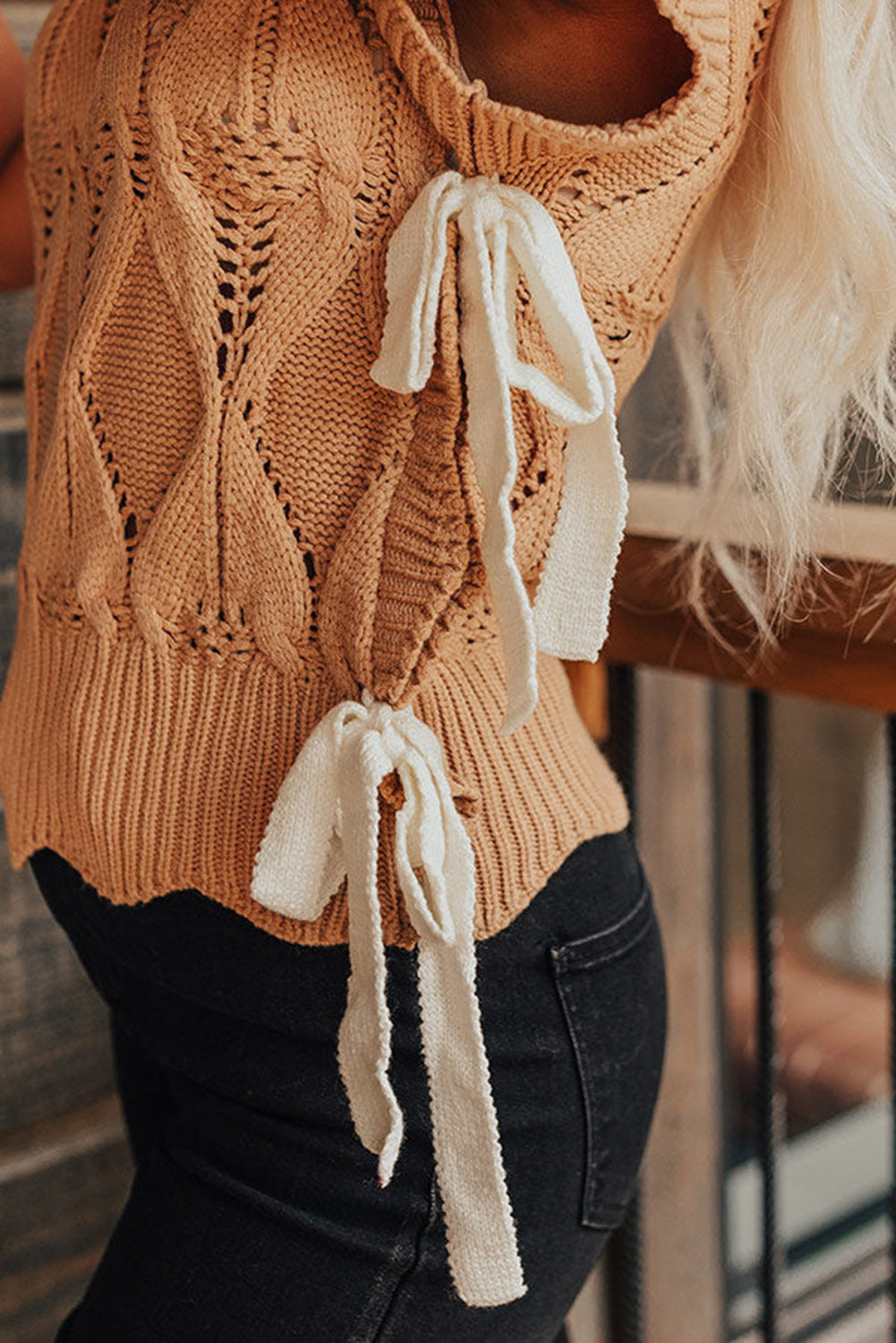 Flaxen Hollowed Knit Scalloped Trim High Neck Sweater Sweaters & Cardigans JT's Designer Fashion