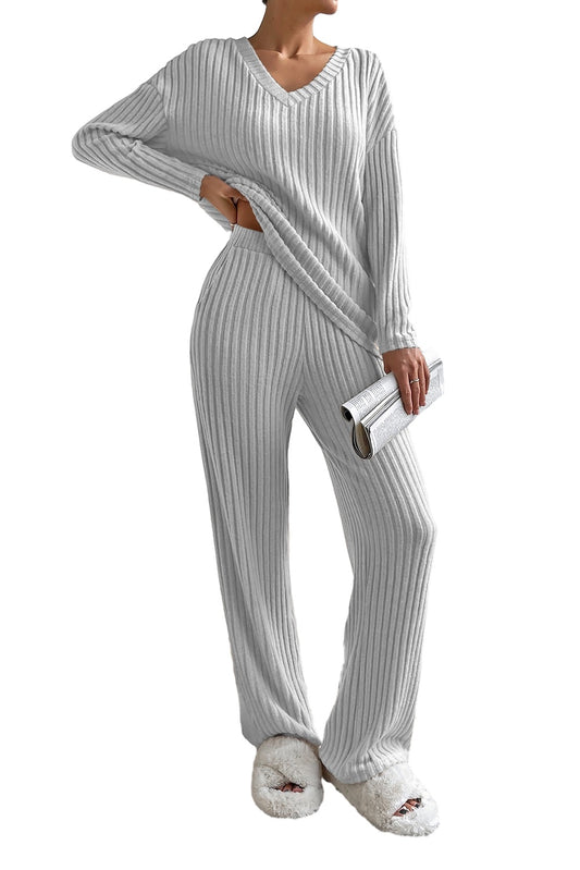 Light Grey Ribbed Knit V Neck Slouchy Two-piece Outfit Bottoms JT's Designer Fashion