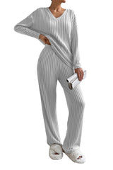 Light Grey Ribbed Knit V Neck Slouchy Two-piece Outfit Bottoms JT's Designer Fashion