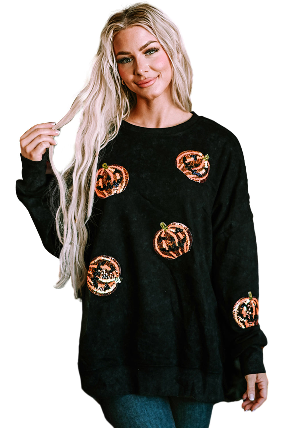 Black Sequined Jack O Lantern Split Hem Baggy Sweatshirt Graphic Sweatshirts JT's Designer Fashion
