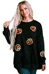 Black Sequined Jack O Lantern Split Hem Baggy Sweatshirt Graphic Sweatshirts JT's Designer Fashion