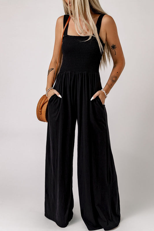 Black Smocked Sleeveless Wide Leg Jumpsuit with Pockets Black 100%Polyester Jumpsuits & Rompers JT's Designer Fashion