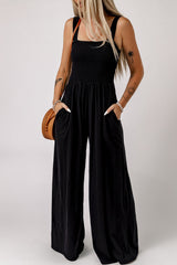 Black Smocked Sleeveless Wide Leg Jumpsuit with Pockets Black 100%Polyester Jumpsuits & Rompers JT's Designer Fashion