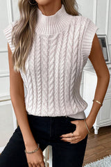 Oatmeal Ribbed Trim High Neck Cable Knit Sweater Vest Sweaters & Cardigans JT's Designer Fashion