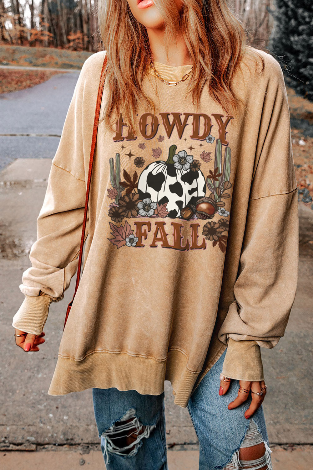 Khaki HOWDY FALL Pumpkin Print Split Hem Sweatshirt Graphic Sweatshirts JT's Designer Fashion