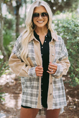 Khaki Distressed Raw Edge Plaid Patchwork Denim Jacket Denim jackets JT's Designer Fashion