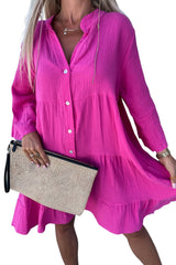 Barbie Style Rose Crinkled Tiered Split Neck Shirt Dress Dresses JT's Designer Fashion