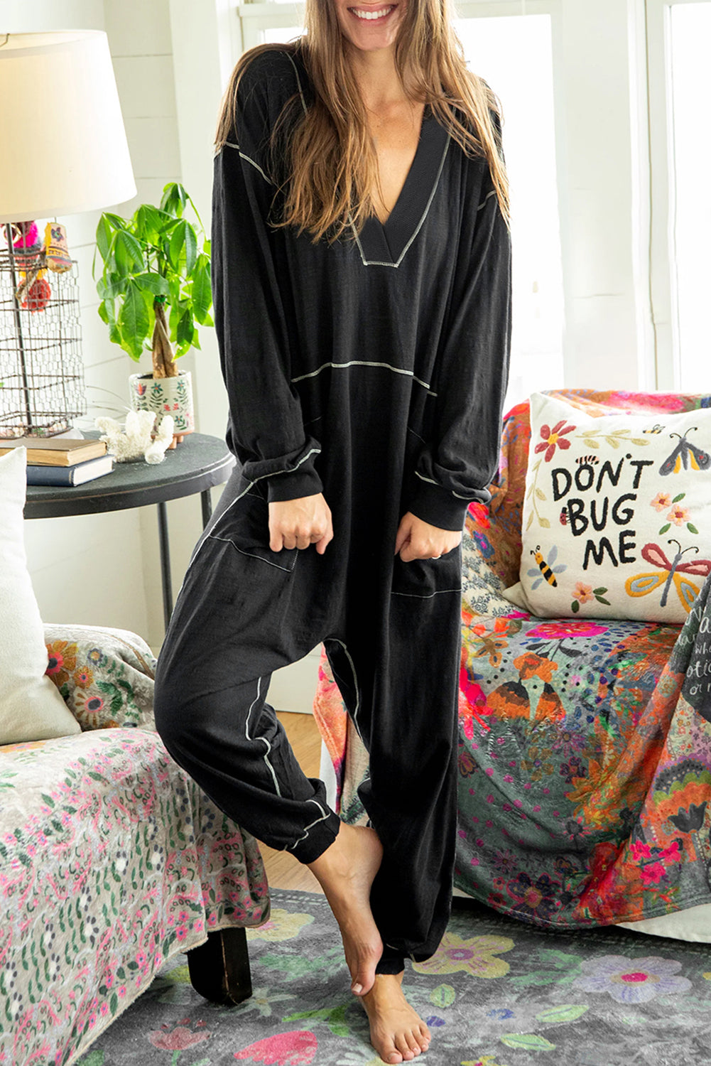 Black Flatlock Seam Detail V Neck Baggy Jumpsuit Black 62.7%Polyester+37.3%Cotton Jumpsuits & Rompers JT's Designer Fashion