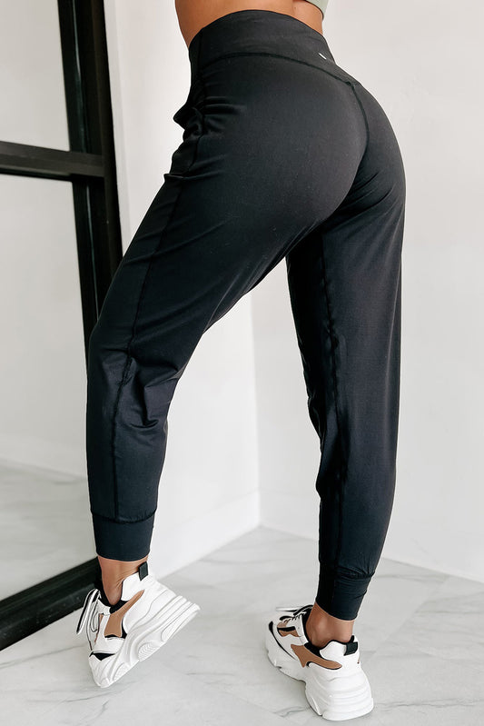 Black Exposed Seam Pocketed High Waist Jogger Pants Bottoms JT's Designer Fashion