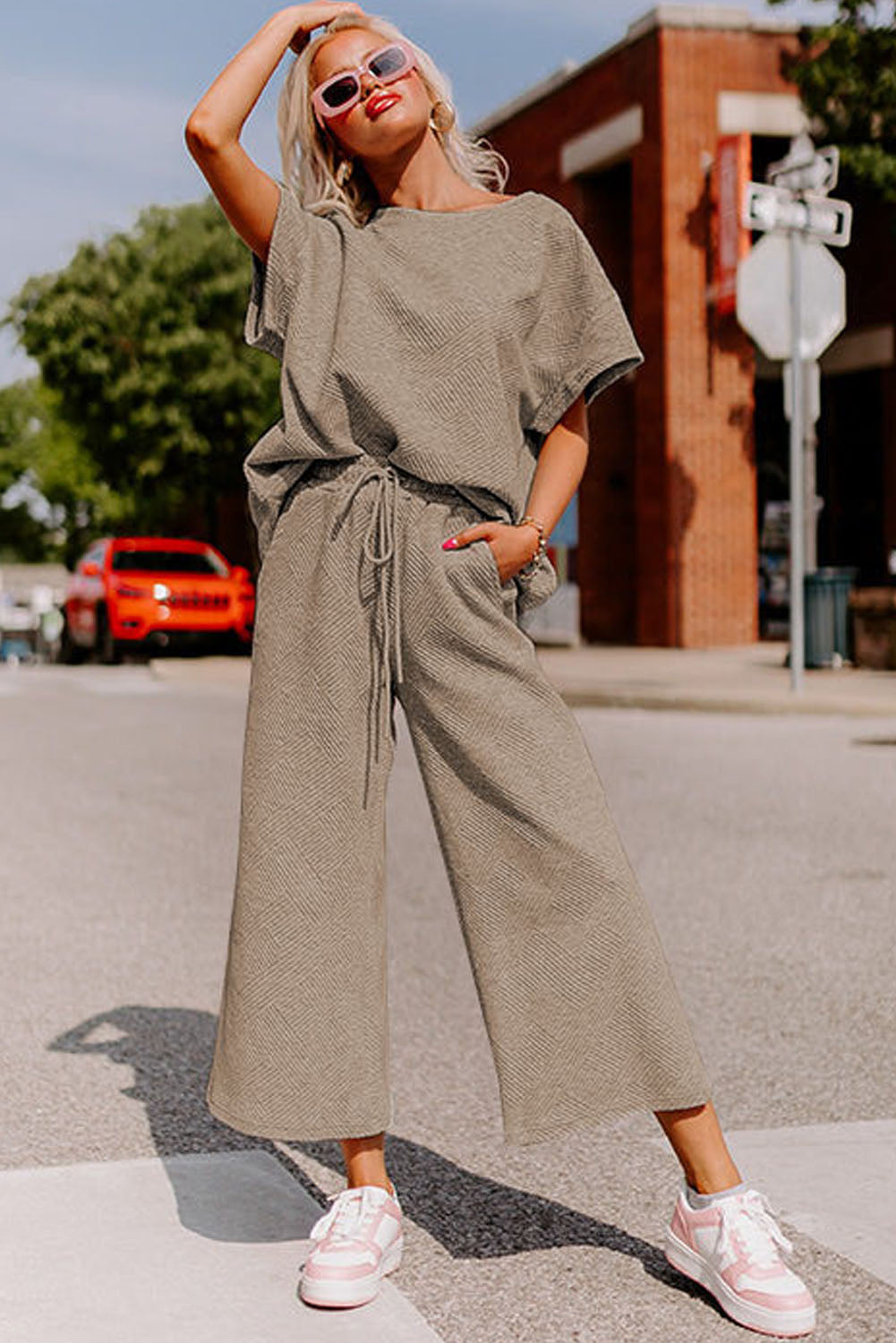 Brown Gray Textured Loose Fit T Shirt and Drawstring Pants Set Bottoms JT's Designer Fashion