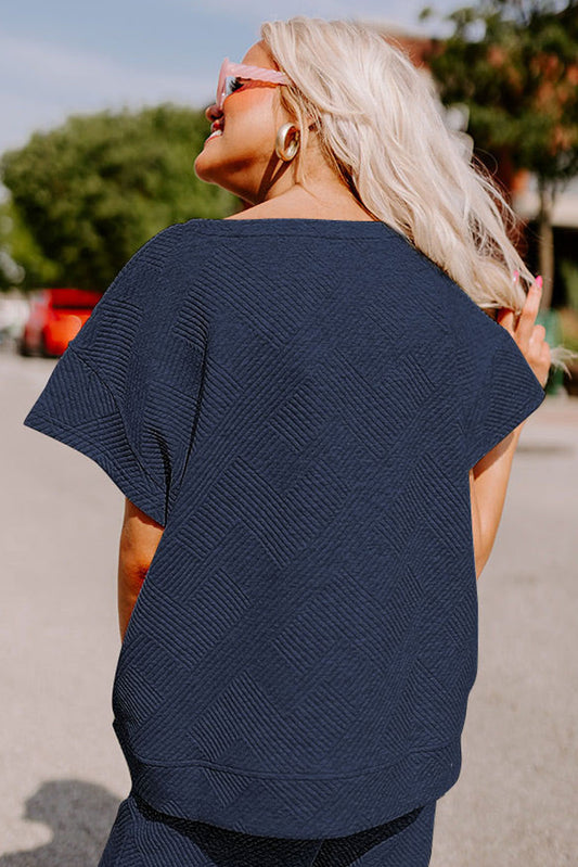 Navy Blue Gray Textured Loose Fit T Shirt and Drawstring Pants Set Bottoms JT's Designer Fashion